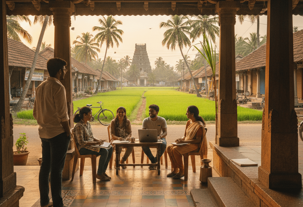 Professionals working together from a traditional Indian village setting