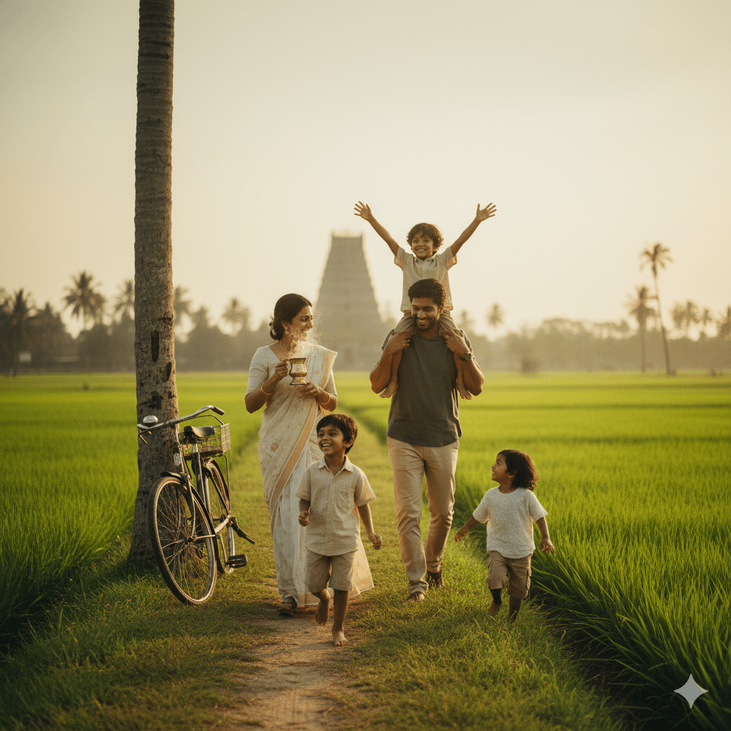 Family walking through lush green paddy fields with temple in background