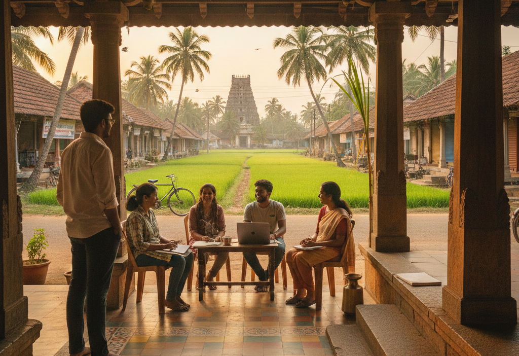 Professionals working together from a traditional Indian village setting